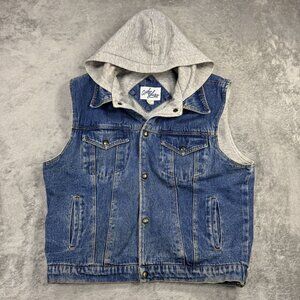 Y2K Distressed Grunge Hooded Denim Jean Vest Snap Front Vtg Streetwear Skater L